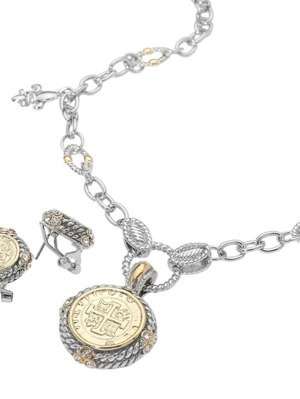 Two-Tone Silver and Gold Coin Pendant Necklace with Earrings -